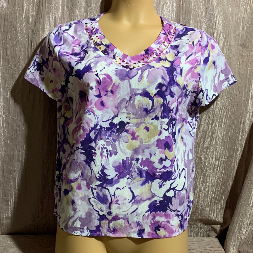 Alfred Dunner Top Blouse Purple White Floral 14P